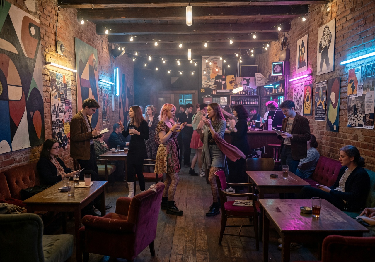 Anna Mesha club in Vilnius Lithuania with artistic interior design and party lights