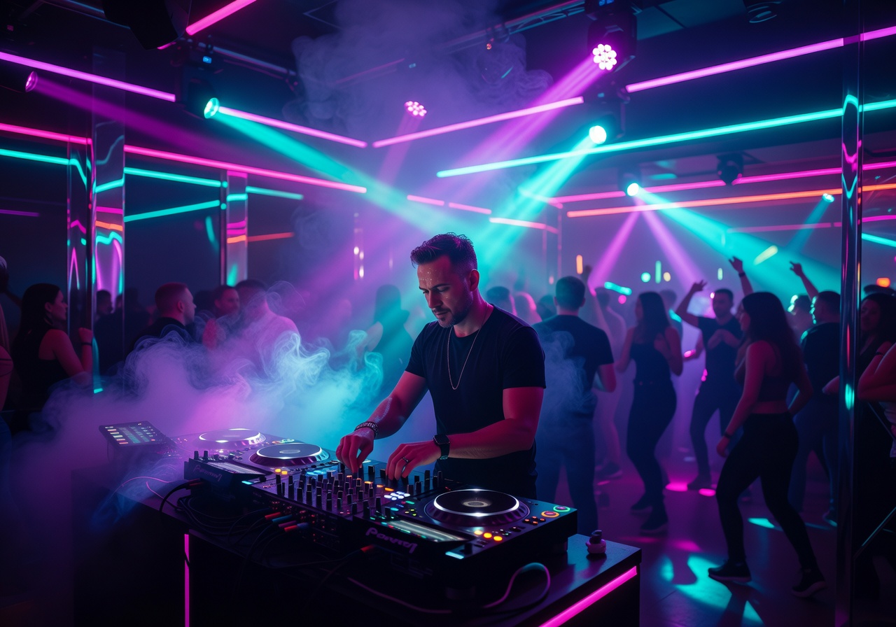 DJ performing at a packed nightclub event with colorful laser lights