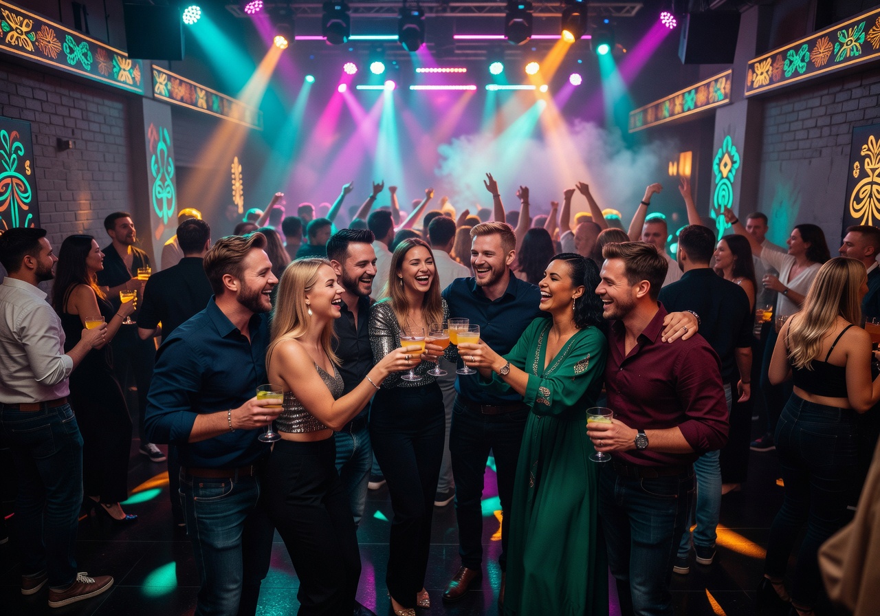 Group of friends celebrating at a vibrant Baltic nightclub with colorful lights