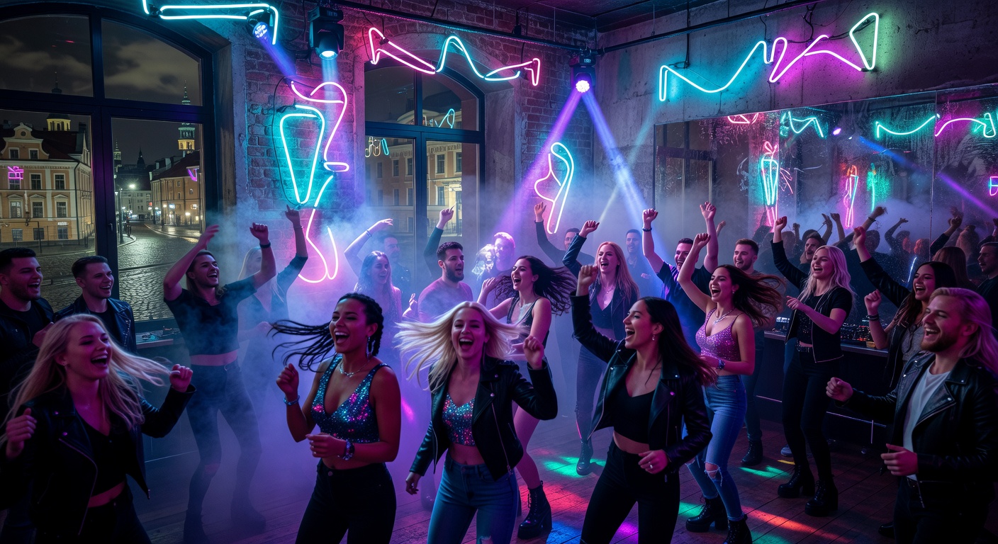 Nightclub with vibrant neon lights and dancing crowd in a Baltic city