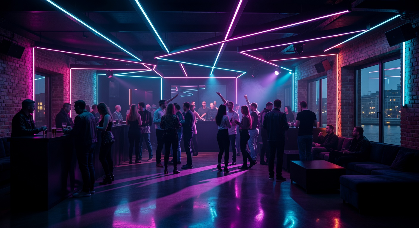 One One nightclub panoramic interior view with neon lighting in Riga Latvia