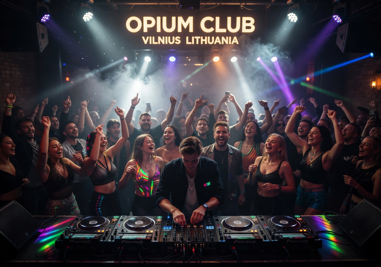 Opium Club Vilnius Lithuania with vibrant party atmosphere and DJ performance