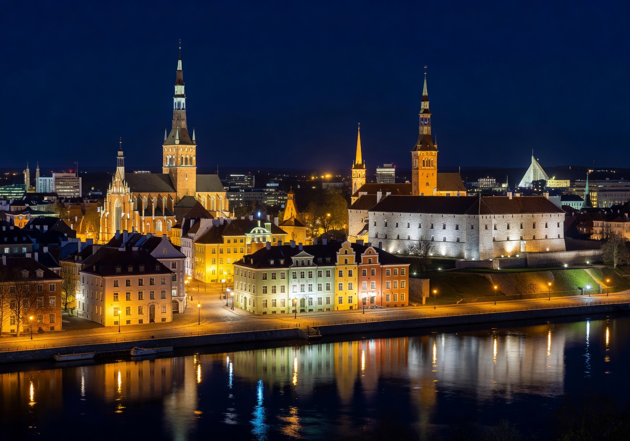 Riga Latvia city skyline at night with illuminated buildings and Old Town