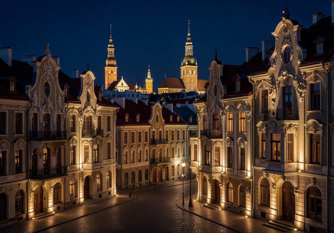 Riga Latvia night cityscape with illuminated art nouveau buildings and Old Town spires