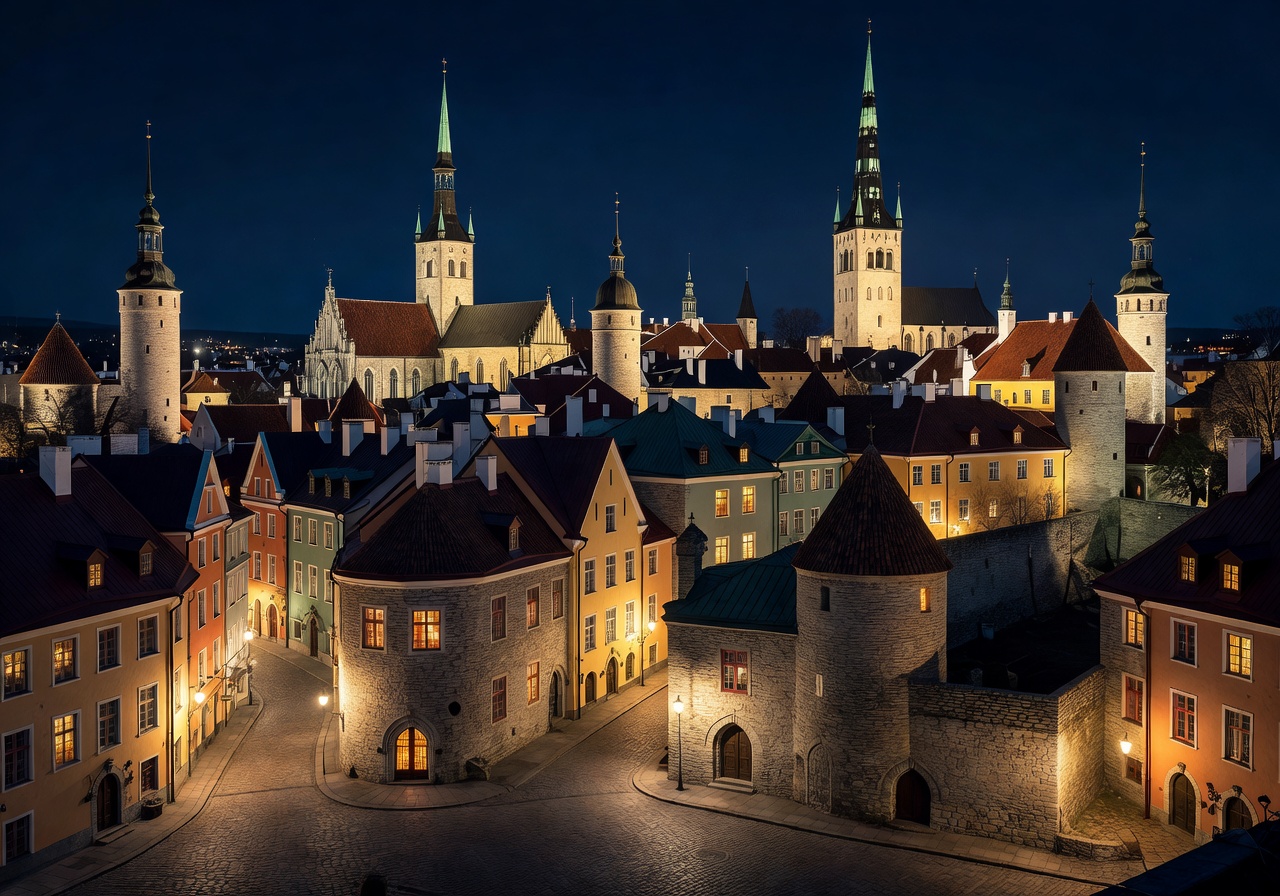 Tallinn Estonia old town panoramic view at night with illuminated medieval architecture