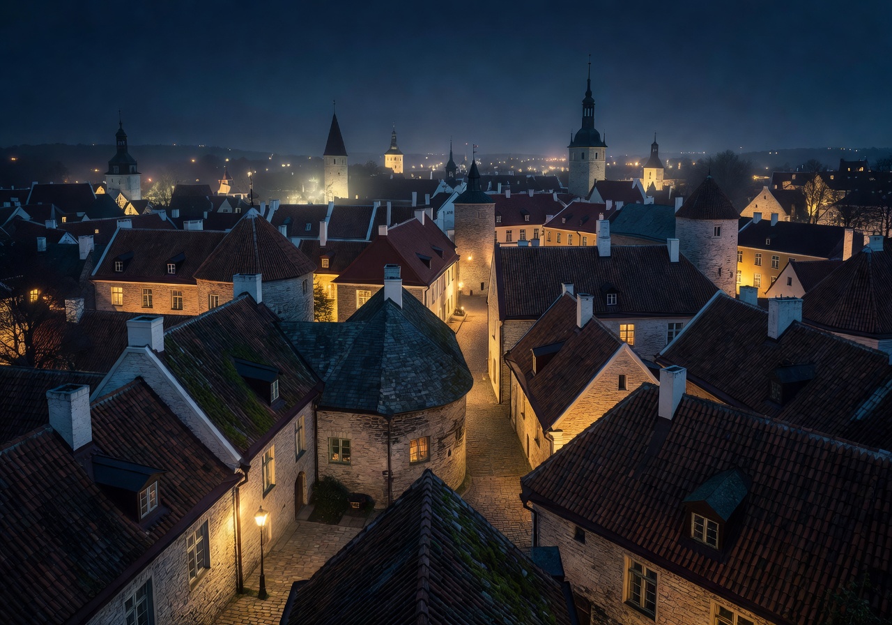Tallinn Estonia old town rooftops at night with city lights and medieval architecture