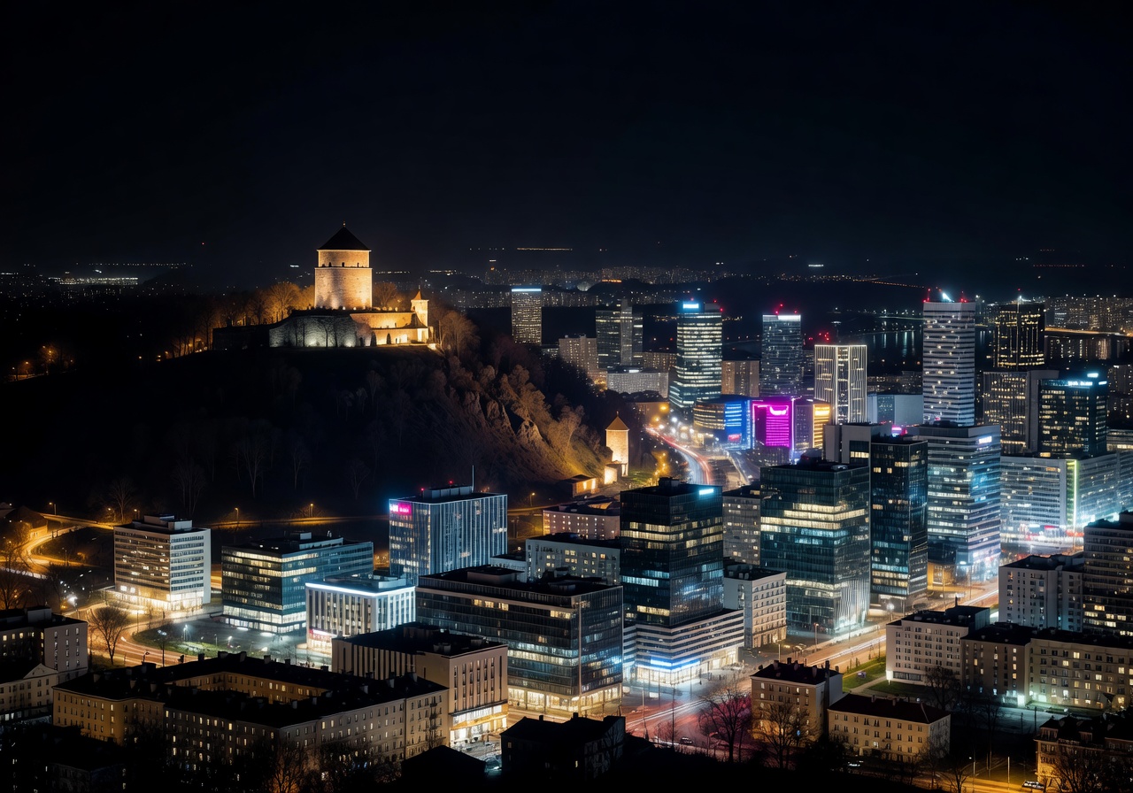 Vilnius Lithuania cityscape at night showing Gediminas Tower and modern city lights