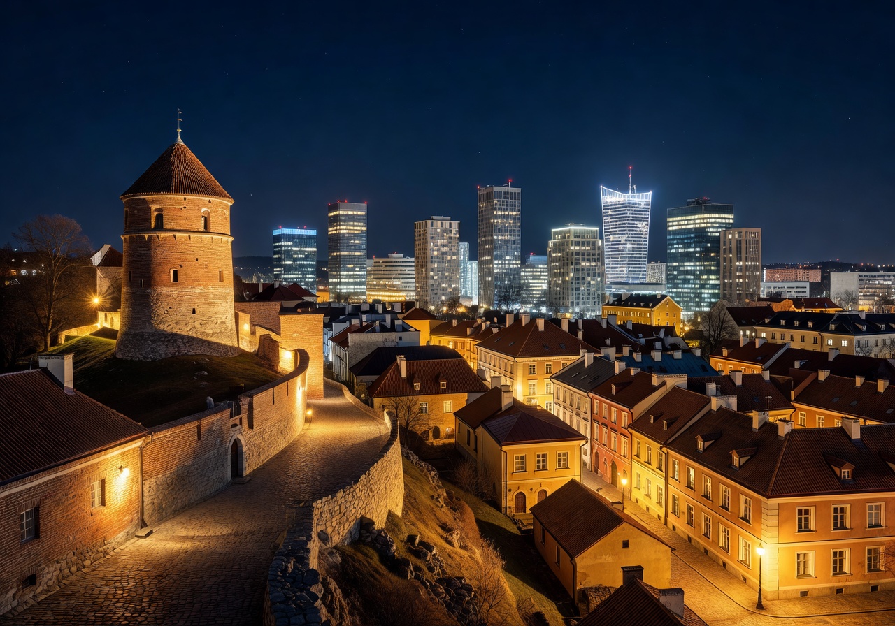 Vilnius Lithuania cityscape at night with Gediminas Tower and modern buildings